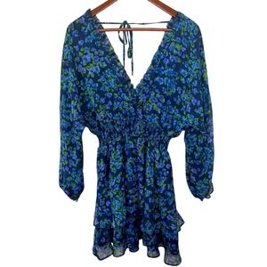 The Kooples Size 2 100% Silk Blue Floral Ruffle Dress Flowy Long Sleeve Cocktail